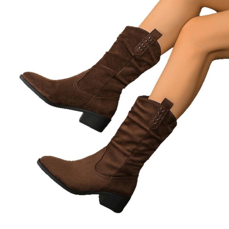 2025 Winter New Suede British Style Mid-Top Boots Women's Plus Size Pleated Pointed Stack Boots