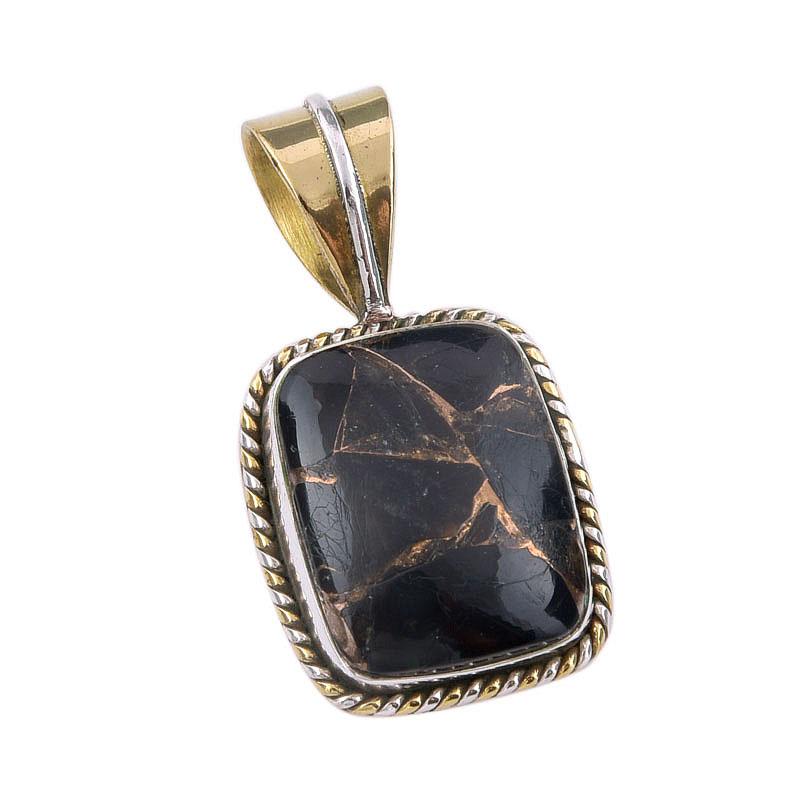 Natural Black Turquoise Gemstone 925 Sterling Silver Two Tone Pendant 1.25" L8b75