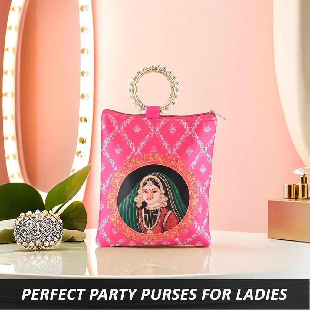 2 Pcs Silk Small Hand Bags for Women Stylish with Zip & Handle | Traditional Handheld Bags for Women | Ethnic Ladies Purse Handbag for Return Gifts