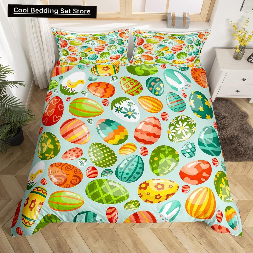Watercolor Easter Eggs King Queen Bedding Set Happy Easter Themed Duvet Cover Toddlers Rainbow Easter Egg Polyester Quilt Cover