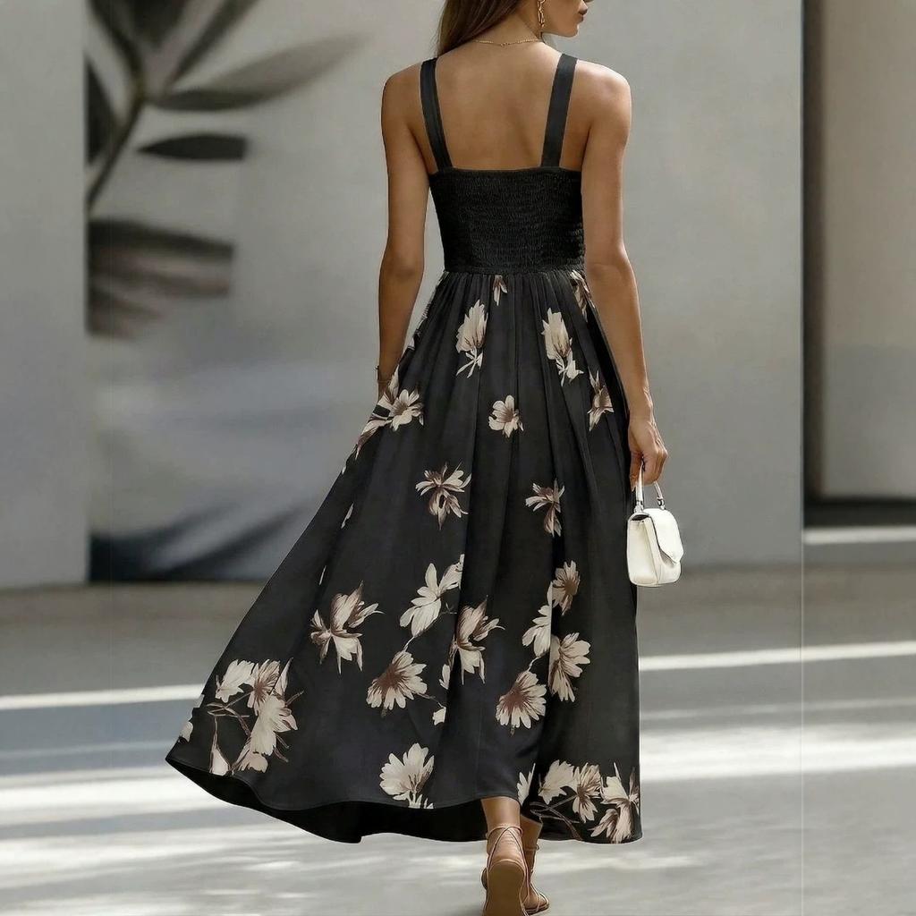 New European and American commuter vacation style v-neck floral dress, waist pendulum medium and long elegant style dress