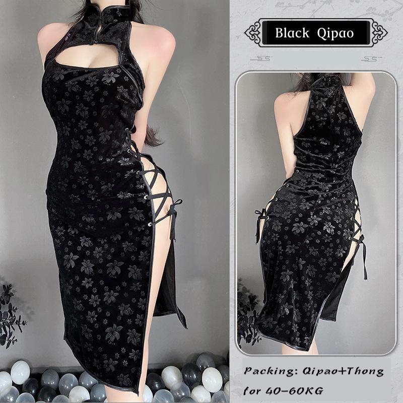 Erotic Qipao Lingerie Sexy Cheongsam Dress Hollow Bra Jacquard Porn Outfit High Split Bandage Retro Chinese Cosplay Costumes