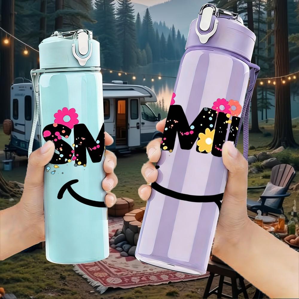 1PC Simple Smile Face Icon 750ml Color Plastic Sports Water Bottle Leakproof Flip Straw Lid Suitable for Sports Office Home Use