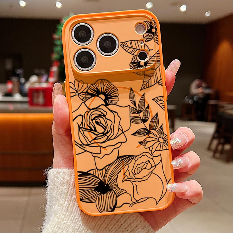 Case For iPhone 17 Pro Max Line Rose Flowers Leaves Pattern Magnetic For Magsafe Hybrid Slim Matte Cover For iPhone 16 15 14 13 Pro Max