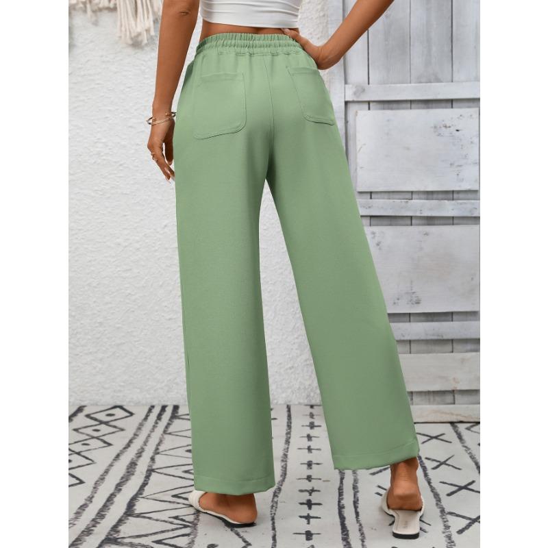 Summer New Women's Casual Drawstring Flowing Trousers Wide Leg Pants with Pockets