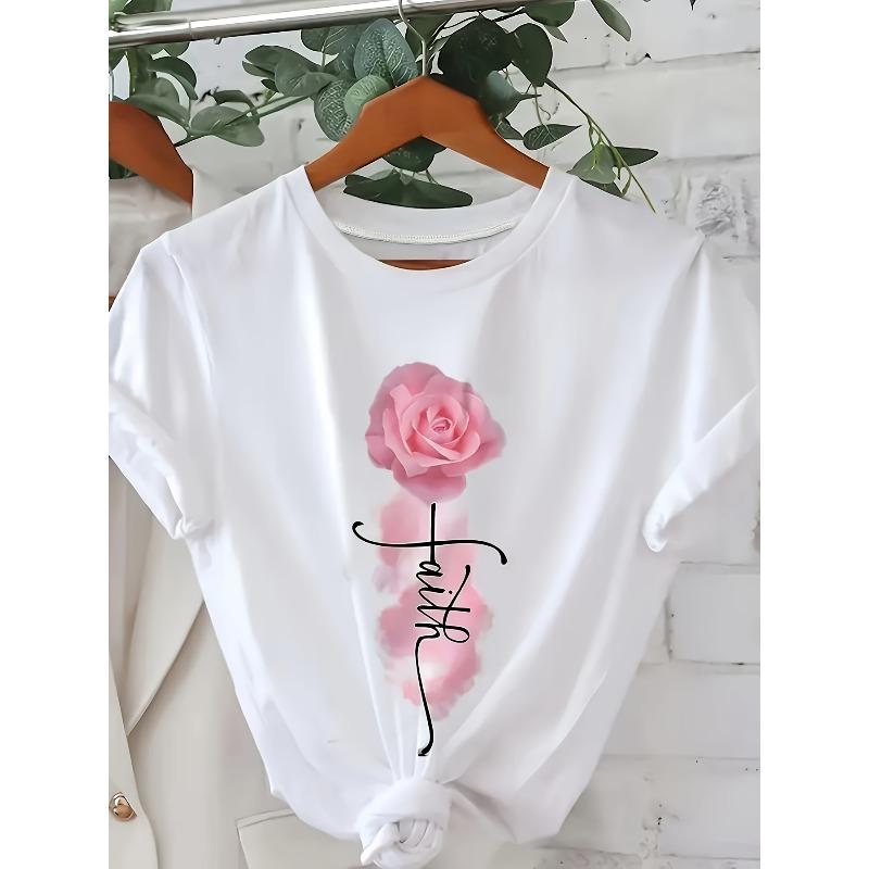 

European Size Floral and Faith Print Round Neck T-Shirt, Spring/Summer Casual Short Sleeve Top, Women s Wear 4XL білий