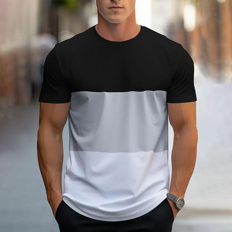 2024 Summer New Fashion Splicing Printed Short-sleeved T-shirt Men's Round Neck Loose Breathable Tops Sports Fitness T-shirt