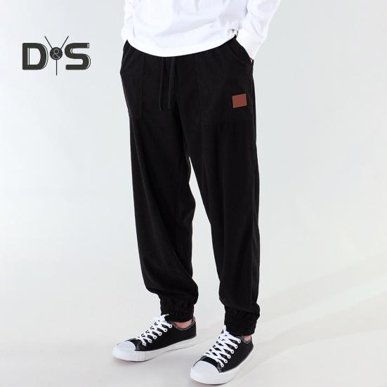 Pánské jarní podzimní kalhoty s bočními kapsami stahovací šňůrka v pase rovná noha tlustá manšestrová jednobarevná volné sportovní kalhoty