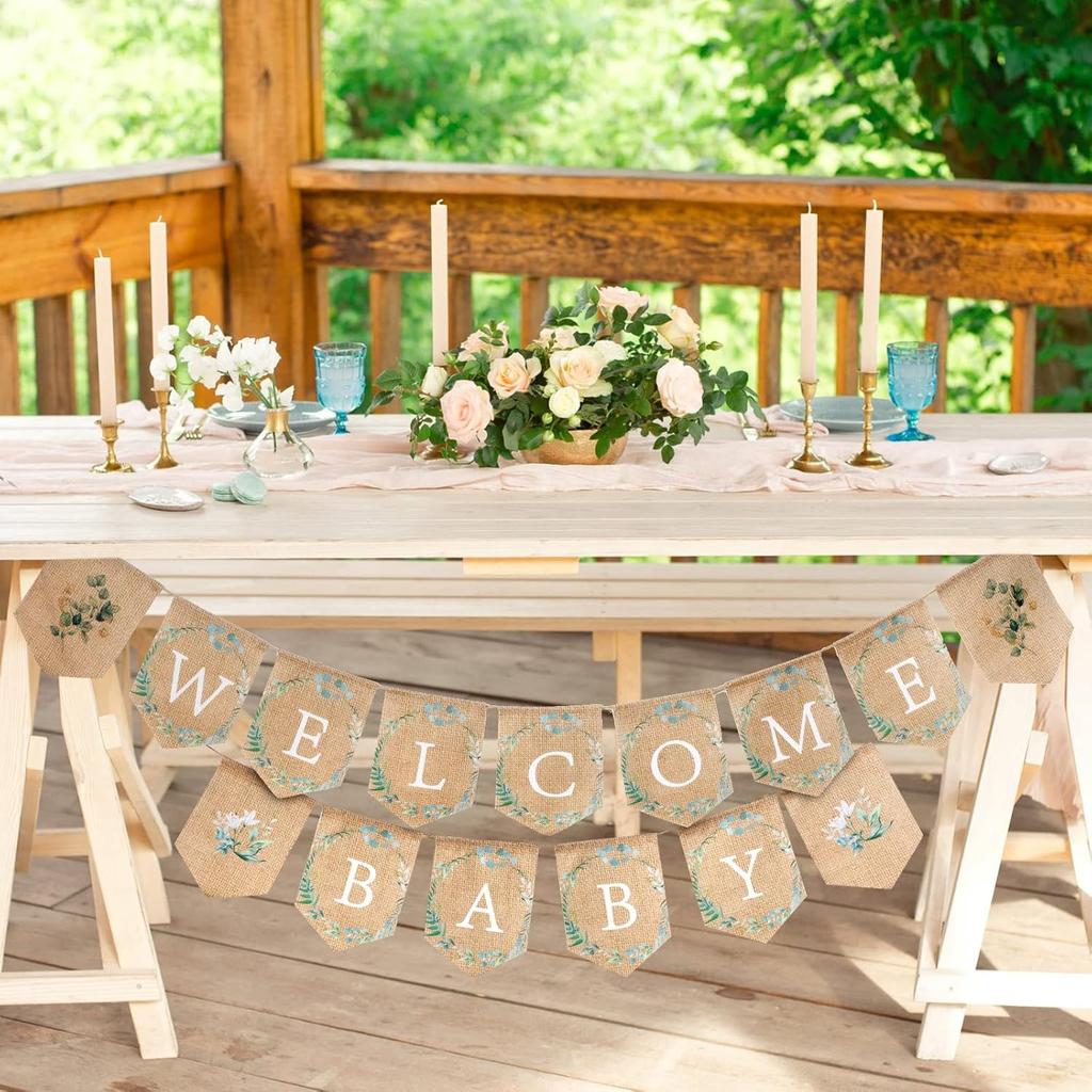 Tatuo Welcome Baby Banner Greenery Banner Bunting Garland Burlap Greenery Decorations Sign for Gender Neutral Baby Shower Rustic Boho Decor Party