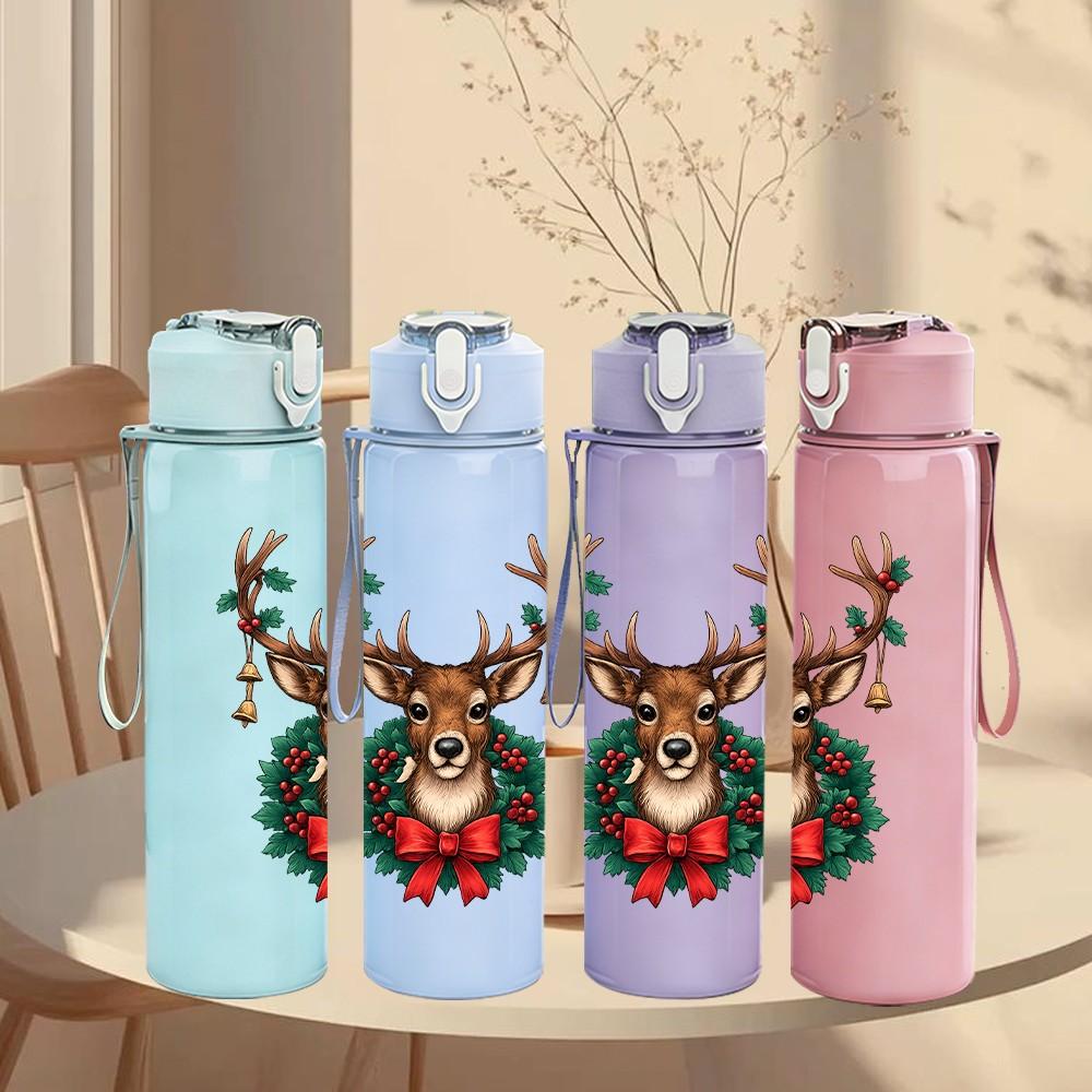 1PC Wreath Antler Reindeer 750ml Color Plastic Sports Water Bottle Leakproof Flip Straw Lid Suitable for Sports Office Home Use
