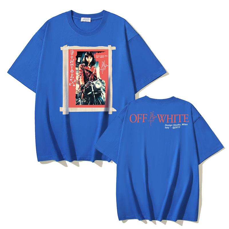 

Off-White 2025 Summer New OW Motorcycle Girl Pattern Printed Short Sleeved T-shirt for Men and Women XL синій