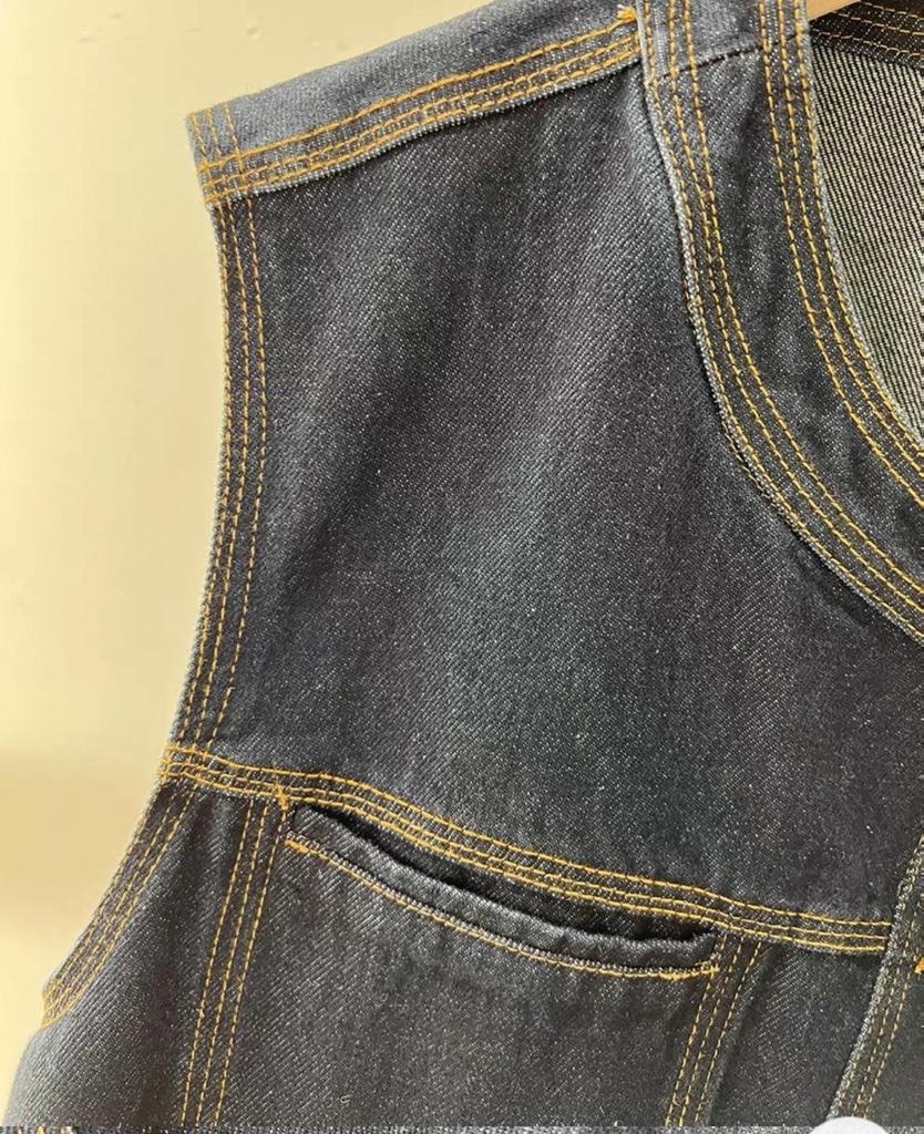 European & Korean Style Contrast Stitch Round Neck Denim Vest