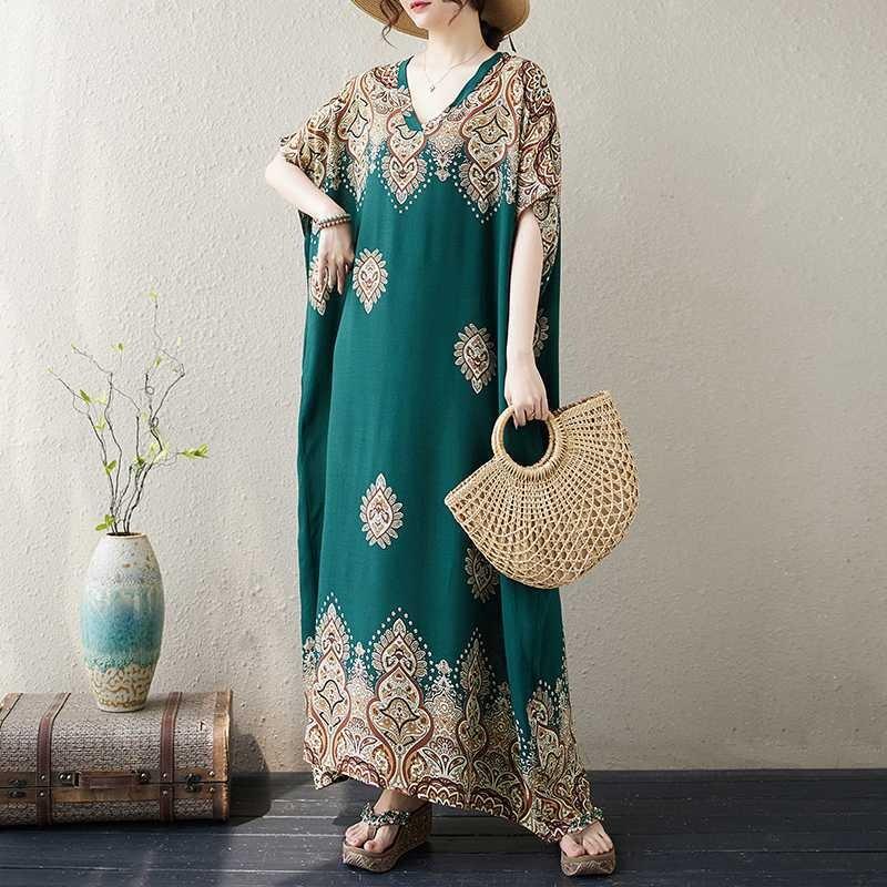 V Neck Fresh Floral Skinny Literary Vintage Bohemian Vacation Long Skirt