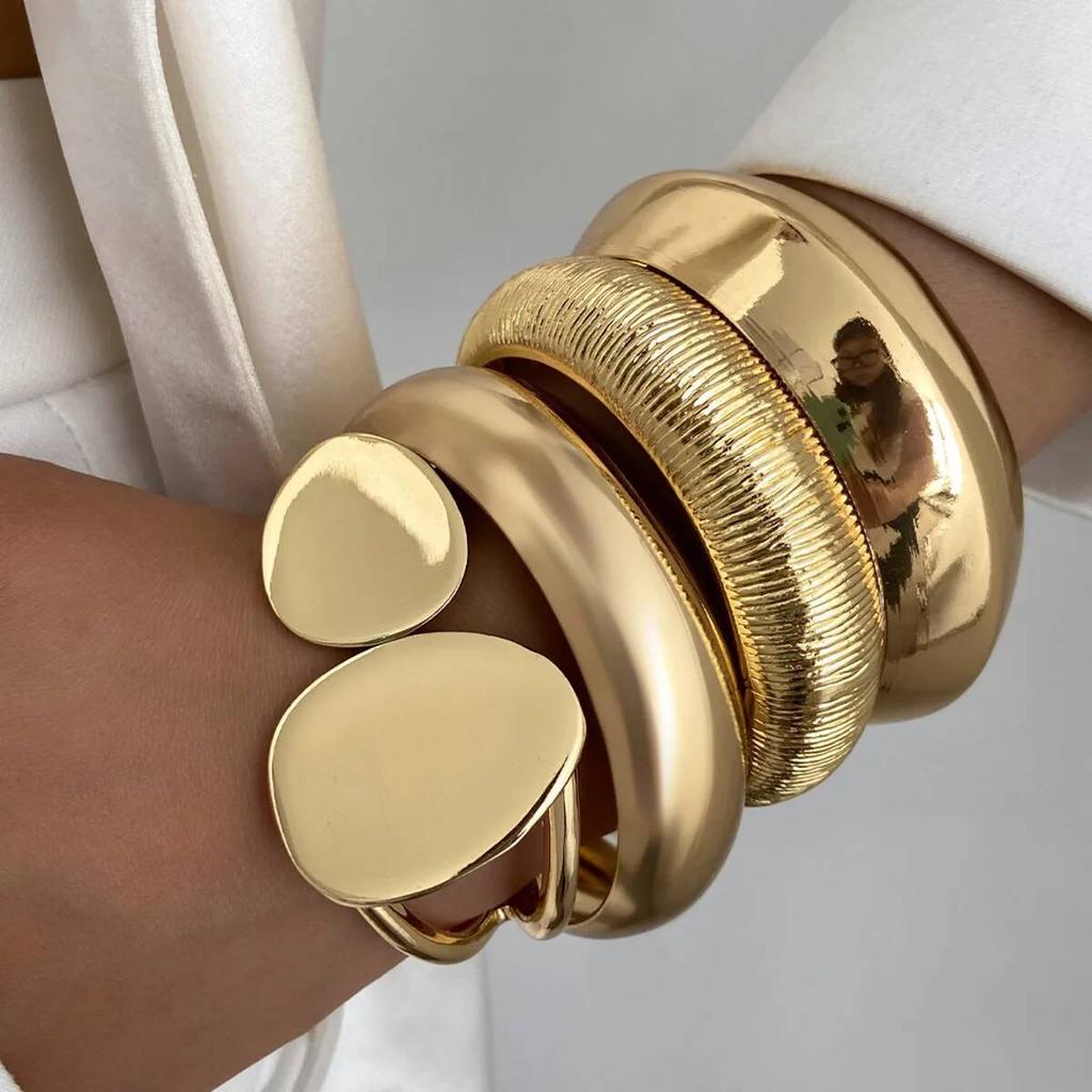 IngeSight.Z 4Style Punk Exaggerated Wide Cuff Bangle Women Vintage Irregular Geometric Glossy Gold Color Spring Bracelet Jewelry