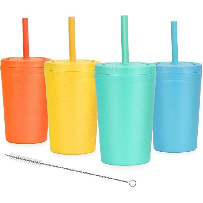 Homestockplus Reusable Wheat Straw Cups with Lids and Silicone Straws, 10 Oz Chip Resistant E-Co Friendly Small Water Cups for Milk, Drinks,