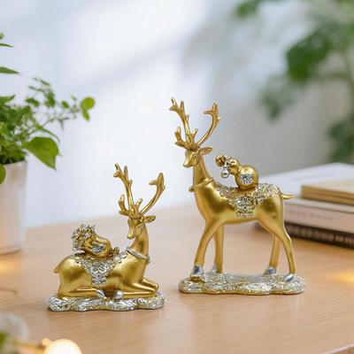 2 Pieces Reindeer Sculpture Animal Figure Elk Resin Statue Table Centerpiece Gift Cabinet Bookshelf