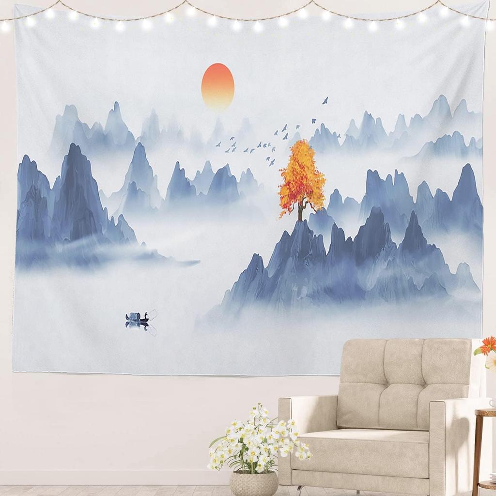 Rosa Kirschblüten Chinesische Landschaftsmalerei China Blüte Picknickmatte Hippie Trippy Wandteppich Wandkunst Dekor für Schlafzimmer Wohnzimmer