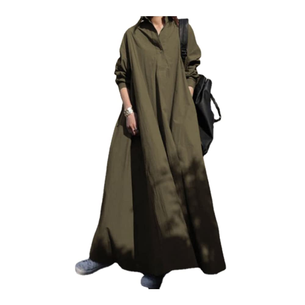 

Vintage Plain Long Loose Cotton Vintage Hem Ethnic Winter [JINJUDUO] Women s Long-Sleeved Dress, Fit, Linen, Dress, Style, Spring, Summer, Autumn, (L, зелёный