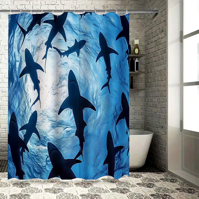 Dunika Chen Blue Underwater Shark Silhouette Shower Curtain Ocean Theme Modern Decor Waterproof Fabric Bathroom Curtain With Shark Print