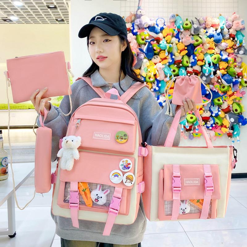 Five Piece Set Student Schoolbag Transparent Backpack  Women Outdoor Portable Storage Bags Large Capacity Travel Bag Gift