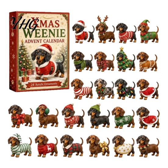 Kids Party Favors 2026 Christmas Dachshund Advent Calendar, 3D Countdown Collectible Ornament Set Holiday Box with 24 Mini Dog Figures, Gift