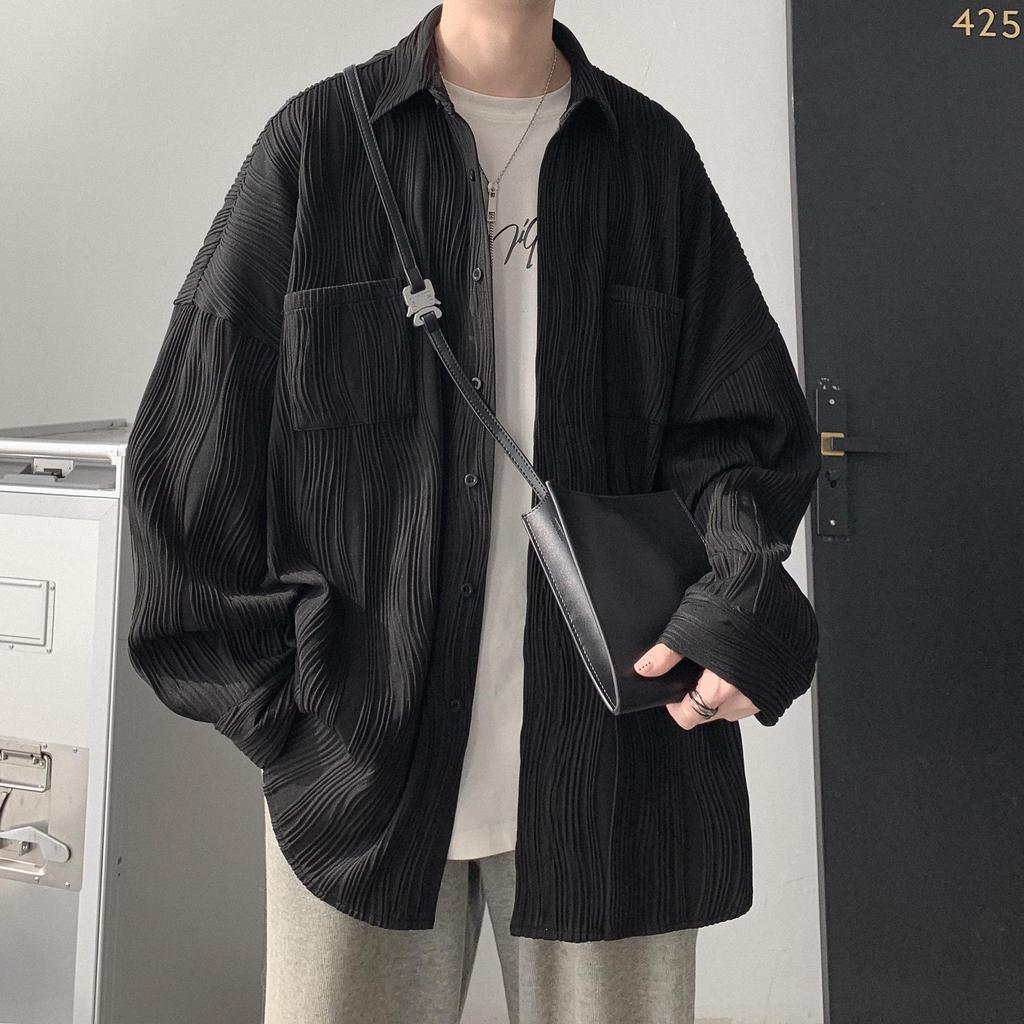 Men's Spring Pleated Long-Sleeve Drape Shirt - Ice Silk Design