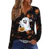 Women's Casual Halloween Print V-Neck Long Sleeve T-Shirt with Decorative Buttons