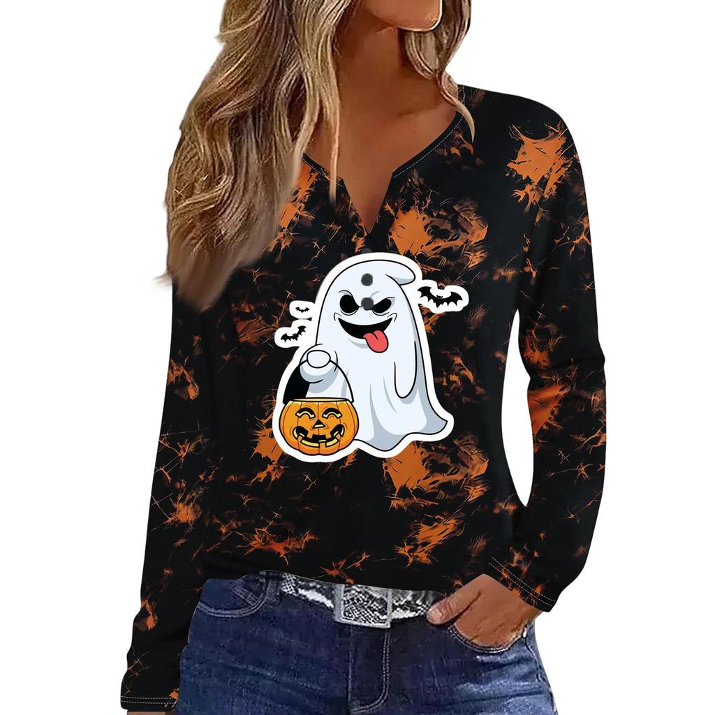 Women's Casual Halloween Print V-Neck Long Sleeve T-Shirt with Decorative Buttons