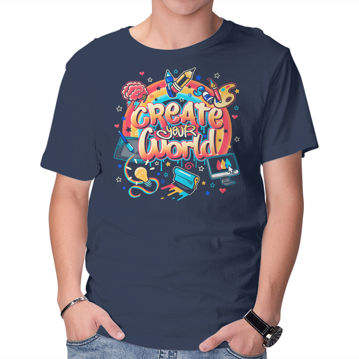 Unisex Crew Neck T-Shirt Create Your World Graphic Short Sleeve Casual Tee XS