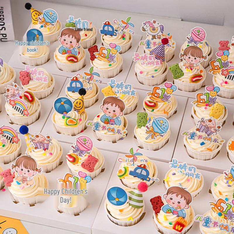 Children's Day Cupcake Toppers: Cute Cartoon Inserts - 61 Pieces