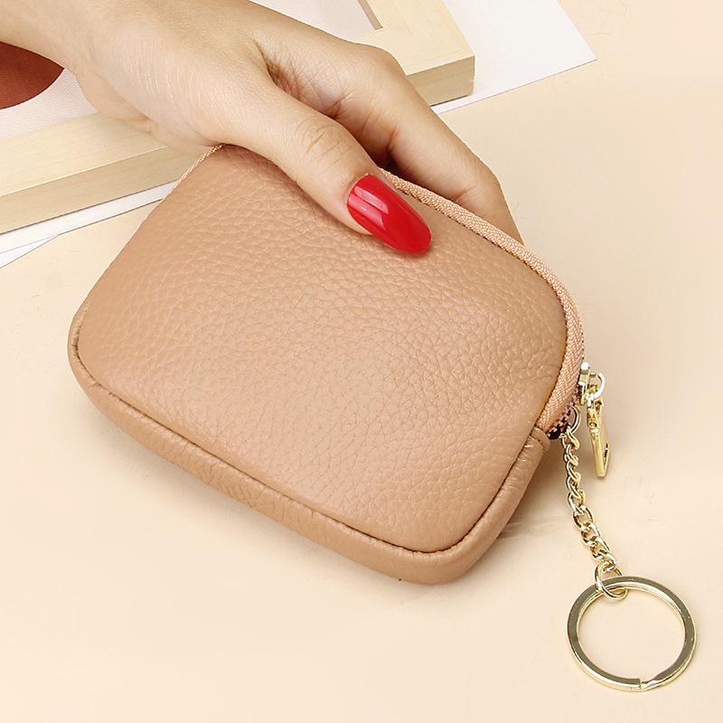 Women's Genuine Leather Mini Zipper Wallet: First Layer Cowhide Keychain Card & Coin Purse