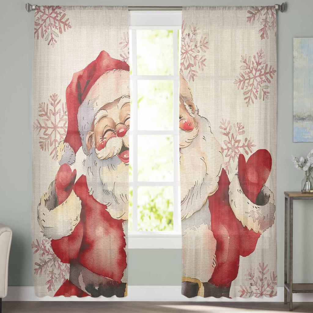 Christmas Snowflakes Retro Santa Claus Sheer Curtains Modern Gauze Curtain for Living Room Bedroom Voile Yarn Curtains