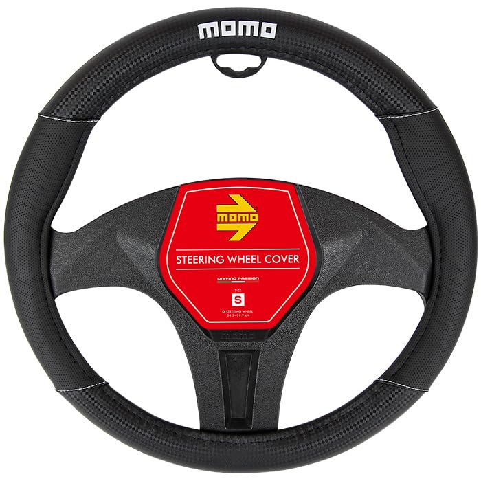 MOMO Carbon Steering Wheel Cover for Kei Compact and Size S BLACK with White MOMO Cars, Cars, Minivans, (36.5-37.9cm) (MATTE CARBON-WHITE logo)
