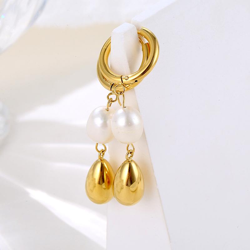 Elegant Stainless Steel Dangle Earrings with Natural Pearls – Non-fading, Versatile Design for Women