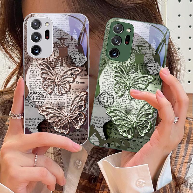 Vintage Schmetterling für Samsung Galaxy Note 8 9 10 PRO 20 Ultra A01 02 03 Core 04E 4G 12 13 5G Gehärtetes Glas Handyhülle