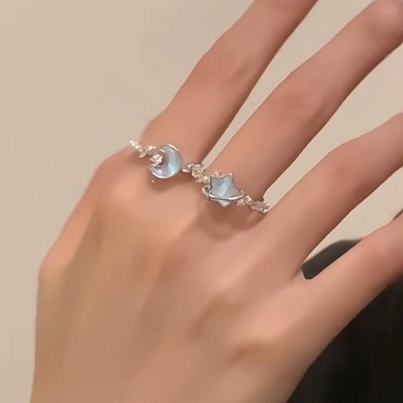 2025 Glacier Blue Star Moon Adjustable Niche Design Ring for Women