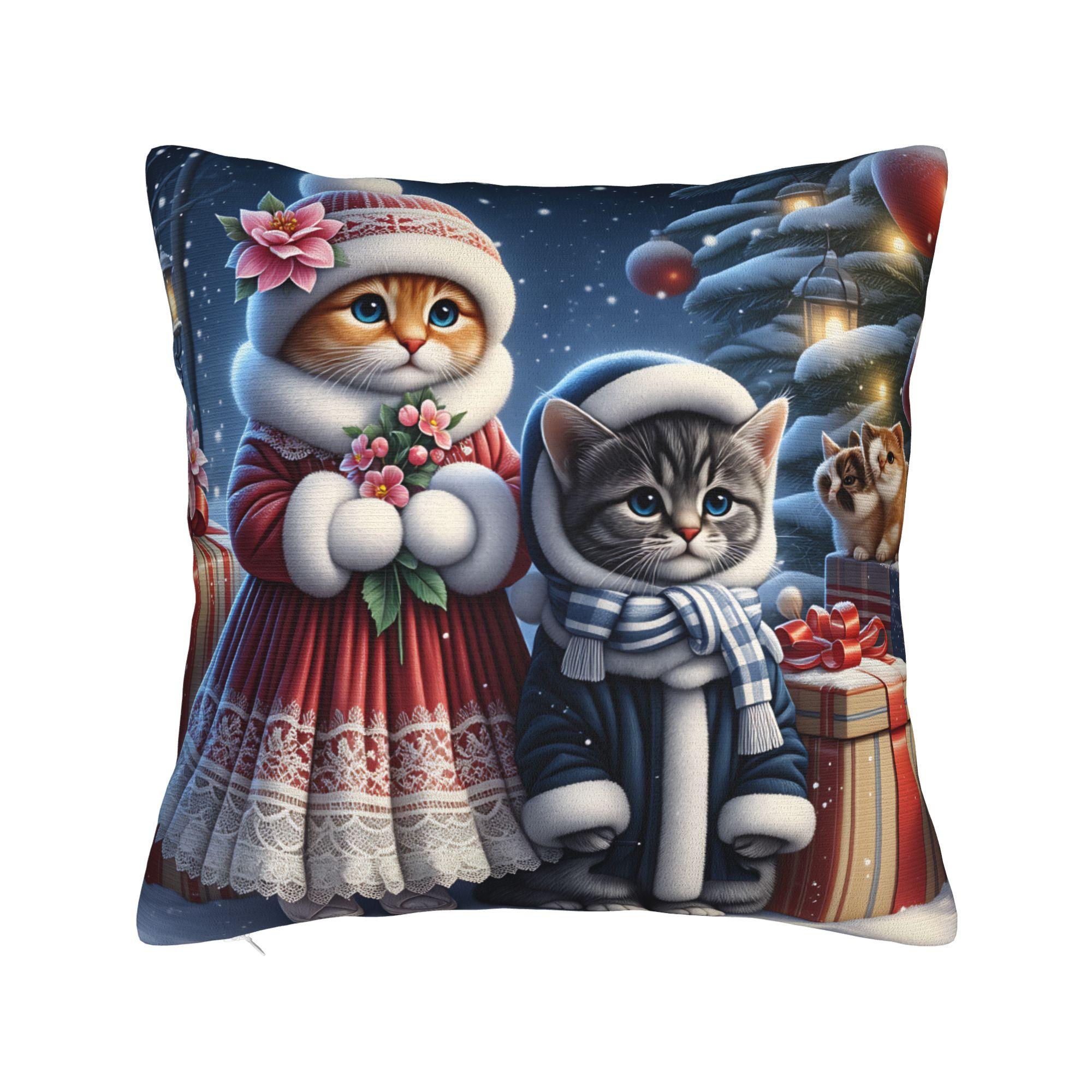 

Christmas Cats Adorable Kittens in Festive (2) Pillowcases Kawaii Pillow Case For Sofa Home Decoration Soft Pillow Cover 50*50cm