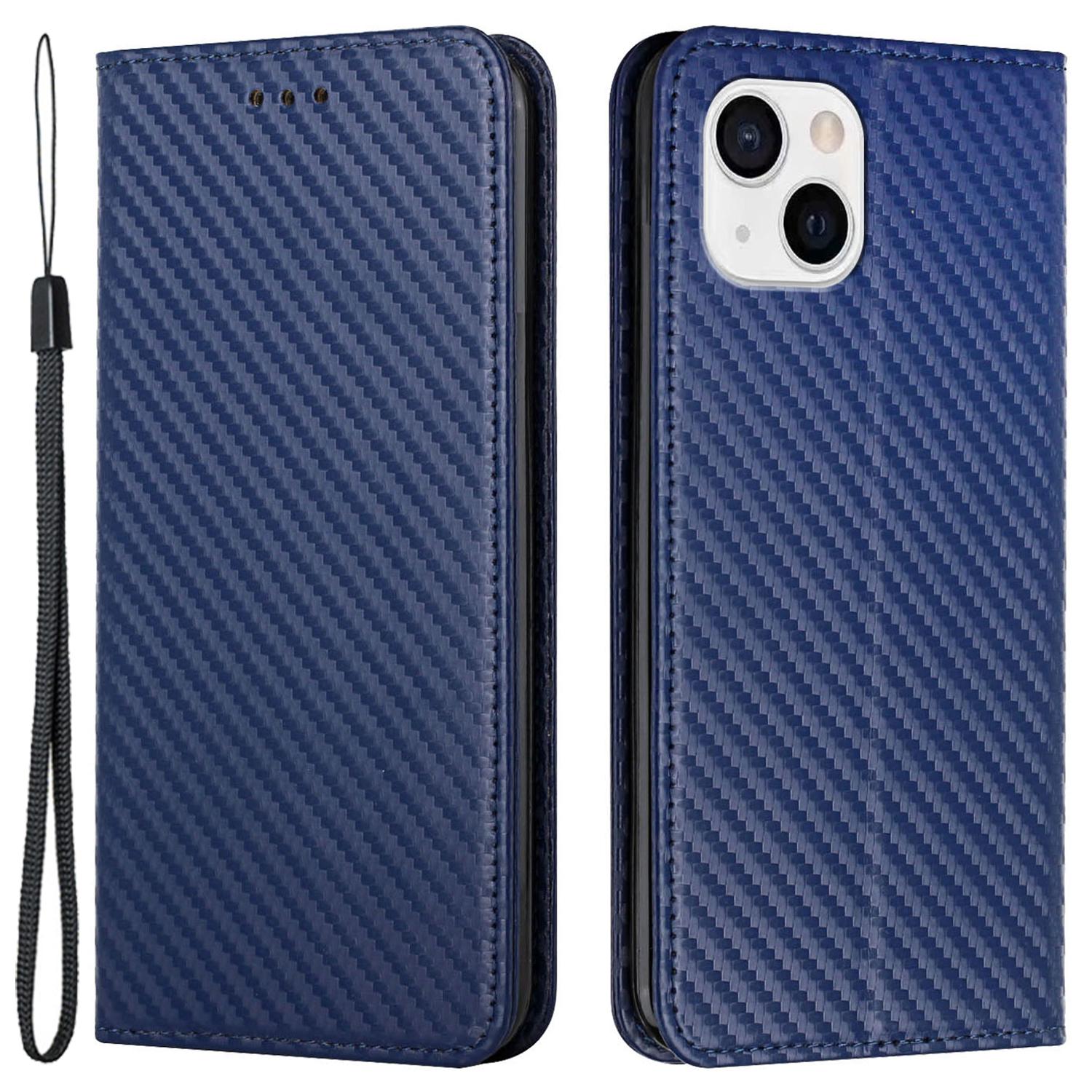 

For iPhone 15 Carbon Fiber Texture PU Leather+TPU Wallet Case Viewing Stand Phone Cover Blue