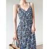 Korean version of French floral V-neck suspender dress for women's summer new high-end seaside vacation style split-ended long dress