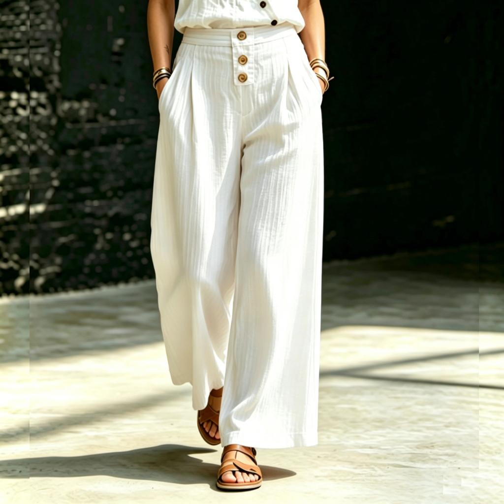 Women’s High Waist Loose Fit Pleated Wide Leg Casual Pants with Button Detail and Side Pockets for Everyday Wear