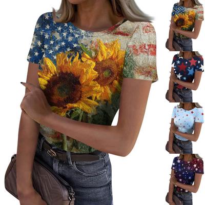Women's Casual Fashion Round Neck Independence Day Print Short-Sleeve Ribbed Top