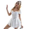 Women's French Romantic Bubble Sleeve Crochet Lace Hollow Ruched Neck Square Neck Layered Cake Dress
