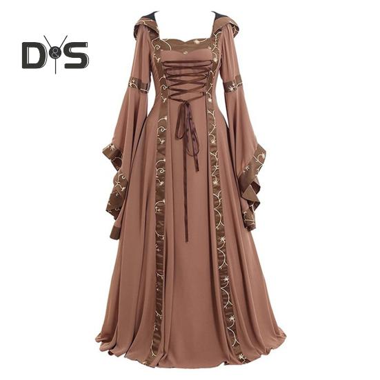 Dámské šaty Středověký královský styl Šněrovací Netopýří rukáv s kapucí Maxi šaty Obvod pasu Čtvercový límec Pódiové představení Halloween Renesanční cosplay