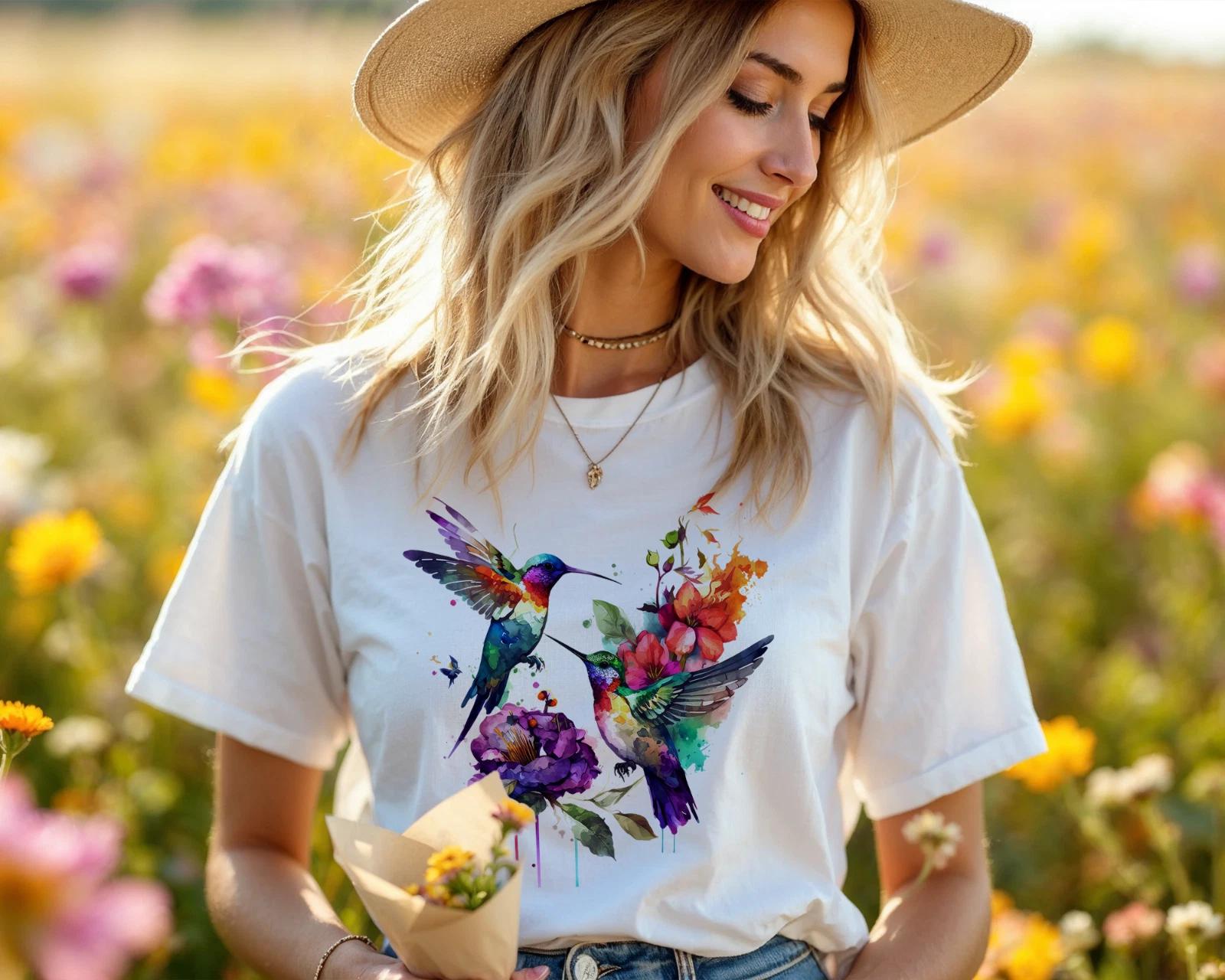 Watercolor Hummingbird Shirt – Colorful Floral Bird Art Tee A448 M
