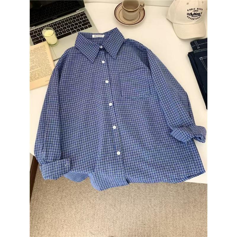 American Retro Blue Plaid Shirt for Women Spring Autumn and Summer Korean Style Lazy Loose Sun Protection Shirt Top Jacket