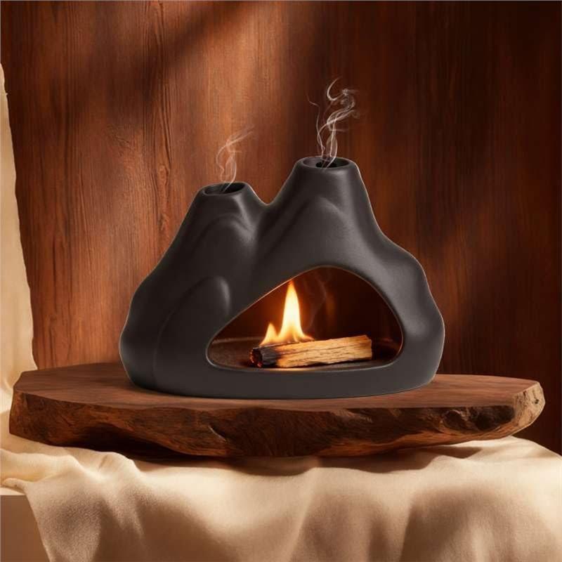 ABBP- 2-Mouth Burner Modern Incense Sticks Burner Mini Chiminea Black Sage Burner Burning Bowl Ideal For Meditation