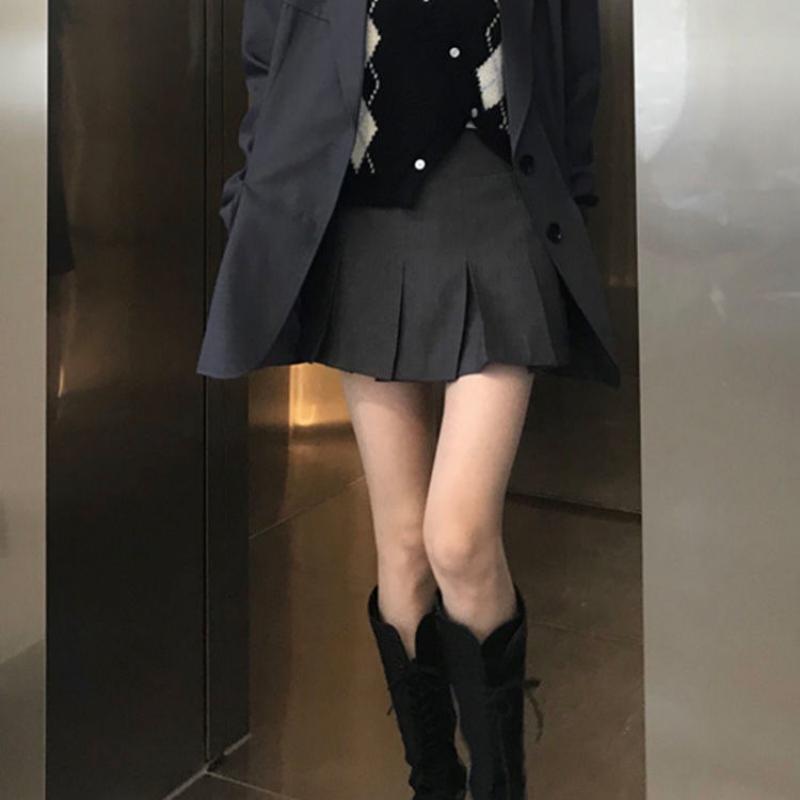 HOUZHOU Mini Skirt Women Summer Skirt Grey Korean Vintage Basic College Style Student Casual High Waist Skirt
