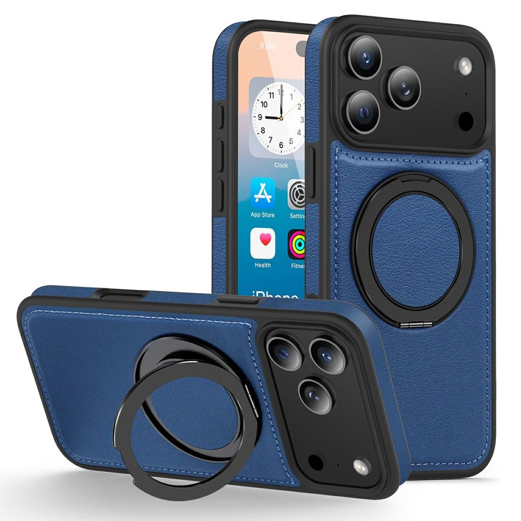 For iPhone 17 Pro Case with Ring Kickstand Compatible with MagSafe PU Leather Back Cover