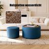 Ball & Cast 2-Piece Set Nesting Stools with Storage, Footstool with Linen Cover and Wood Tray, 58 cm Round Coffee Table & Bench, Blue