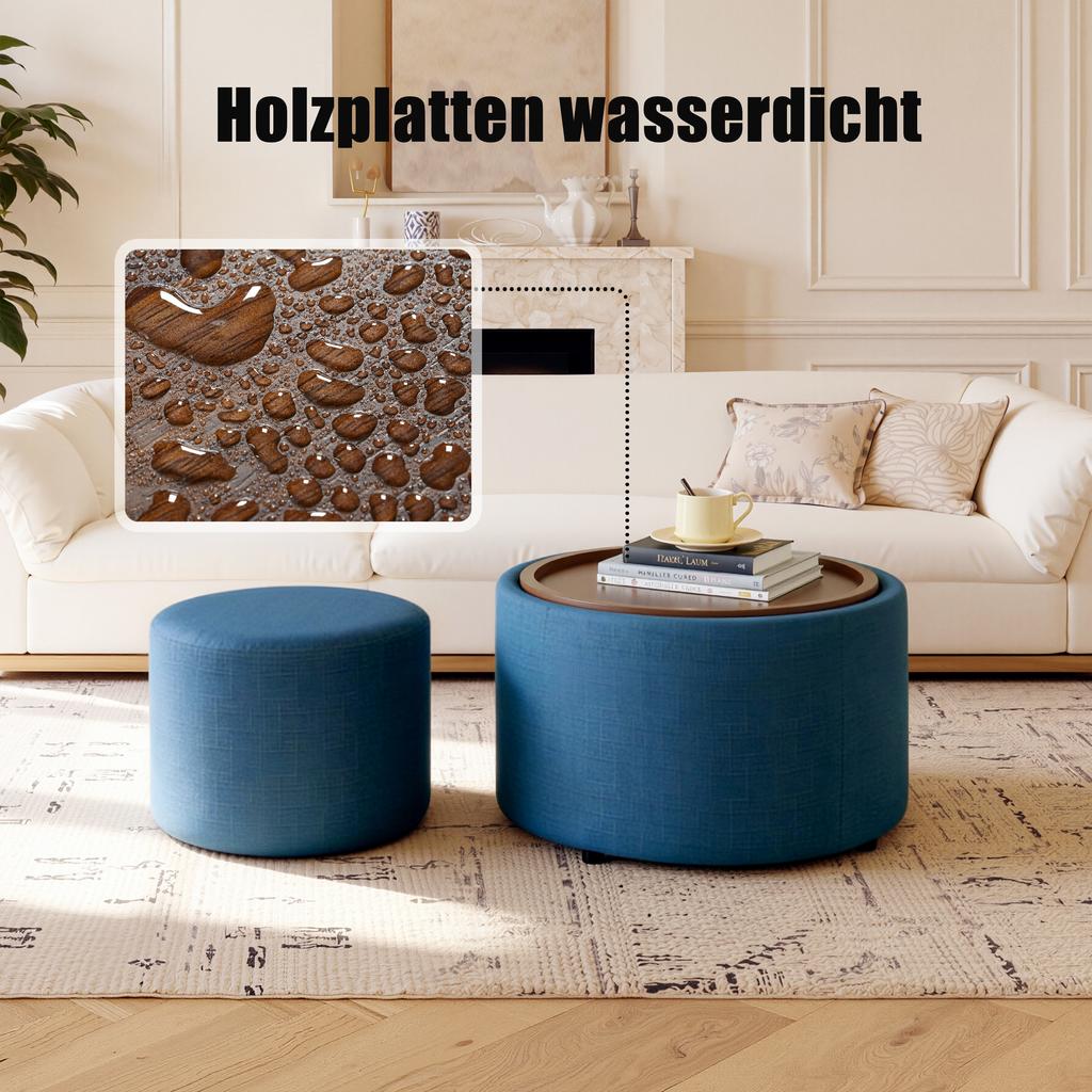 Ball & Cast 2-Piece Set Nesting Stools with Storage, Footstool with Linen Cover and Wood Tray, 58 cm Round Coffee Table & Bench, Blue